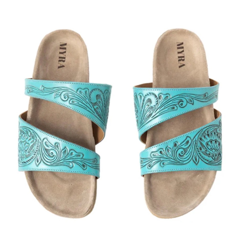 SOLD Myra | Women’s Turquoise Tooled Double Strap Sandals Size 8 NWT